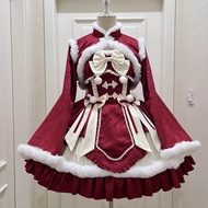 ชุดเดรส LoliTa ดีไซน์ดั้งเดิมของสาวผู้หญิง ชุดฤดูหนาวสำหรับวันปีใหม่ เสื้อคลุมคอวี กระโปรงทรงเอ แขนก