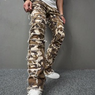 Men's Camouflage พิมพ์ Frayed Edge Denim กางเกงยีนส์ Baggy Long Distressed Camo Jean Cargo สีสัน Goi