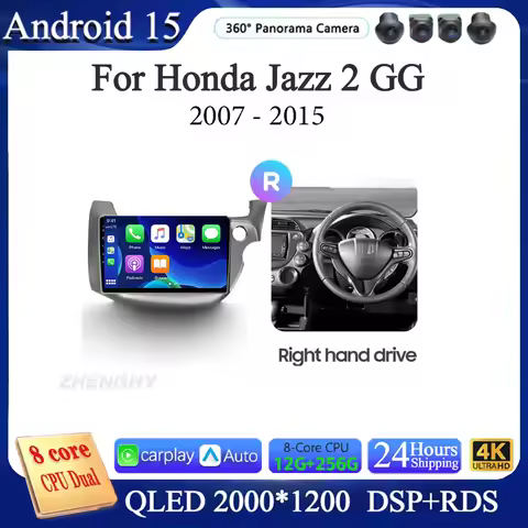 Anroid 15 Carplay Auto BT For Honda Jazz 2 GG 2007 - 2015 Right hand drive Car Radio Multimedia Vide