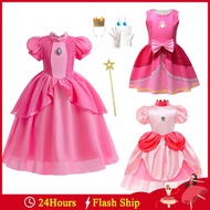 Princess Peach Dress for kids girl Super Mario Costume Formal Pink Gown Birthday Party Wedding
