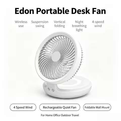 Edon Portable Desk Fan Foldable Wall-mounted Fan Rechargeable 4 Gear Speed Super Quiet Standing Fan 
