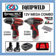 EUROPA HILT 12V COMBO E12CD + E12ID + E12SK-441 CORDLESS COMPACT DRILL + IMPACT DRIVER (4.0AH) EHD69
