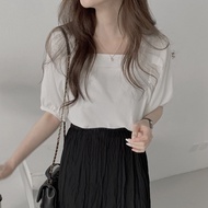 Chubby Meiyi Short-Sleeved Top Chiffon Shirt Square Collar S-XL Retro Hong Kong Style French Niche S