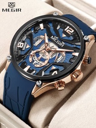 MEGIR MEGIR1入組男士紋理質感藍色矽膠帶商業日期金色防水夜光圓形錶盤石英表,適用於日常生活