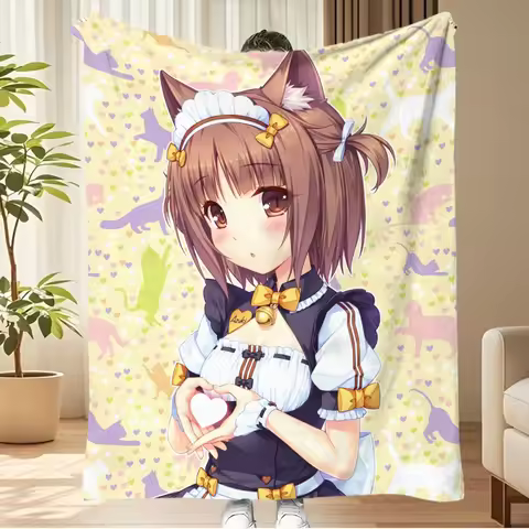 Nekopara Azuki Flannel Blanket, Cute Cat Girl Maid Throw Blanket for Bedroom Sofa Decor