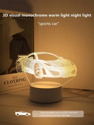 1入組暖光單色跑車3D視覺夜燈LED裝飾夜燈禮品燈，適用於男孩房間、閱讀室、宿舍、攝影工作室等各種場合。