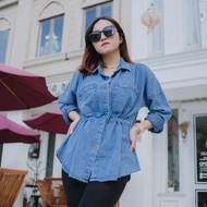 Denim Ruffle Blouse Wanita Jeans Kemeja Peplum Baju Kantor Formal Kerja Cewek Kemeja Ruffle BabyDoll