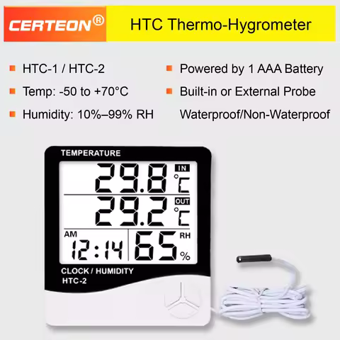 HTC-1 HTC-2 Digital Thermometer Hygrometer with Probe Indoor Outdoor Temperature Humidity Monitor Us