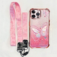 Dance Butterfly Phone Case with Rose 2-in-1 Crossbody Lanyard Wristband For i Phone 14 Pro For i Pho
