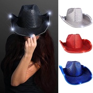 หมวกปักเลื่อมโลหะหมวกเรืองแสง LED เสื้อลายดิสโก้และคลื่นเสียงหมวกคาวบอย