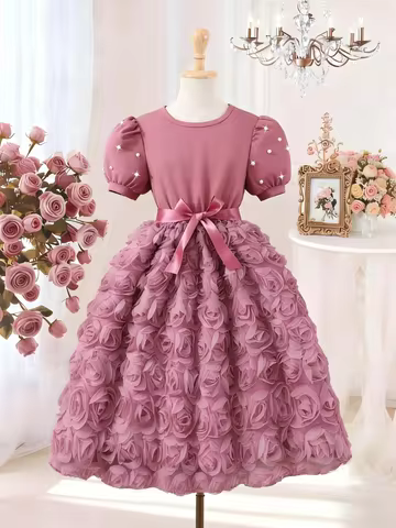3D Rose Rose Sand Tulle Dress | Pearl Embellished Princess Sleeve Formal Gown for Girls 8-12Y