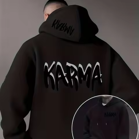 Men Y2K Street Hoodie Coffee Brown KARMA Drip Graffiti Font Soft Fleece Lined Oversized Urban Daily 