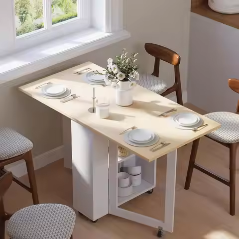 Folding Dining Table with 2 Storage Racks, Space Saving Dining Table with 6 Wheels, Kitchen Table fo