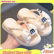 【HM】现货  儿童拖鞋交叉凉拖鞋女2024夏季新款网红沙滩蝴蝶结小香风一字拖  selipar raya kanak kanak perempuan