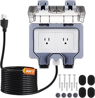 Kanayu Outdoor Outlet Box with 30ft Extension Cord, Dual 15 AMP 5-15 Receptacles Weatherproof Waterp