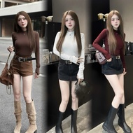 E96 - 3-inch Plain Collar T-shirt with M-shaped Tag | Women's Warm Rabbit Fur-Lined T-Shirt