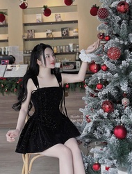 Đầm xòe midi têt 2025 thiết kế dáng 2 dây kim tuyến xinh đẹp phù hợp ngày đại lễ Noel