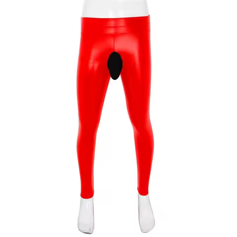 Mens Fad Punk Elastic PU Tight Trousers Faux Leather Glossy Stage Skinny Open Crotch Pencil Pants Cl