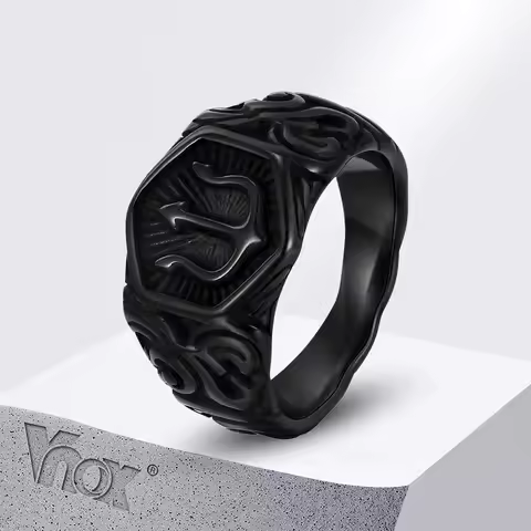 Vnox Black Tridant Signet Ring for Men, 13.3mm Chunky Wide Hexagon Geometric Top Finger Band, Streng