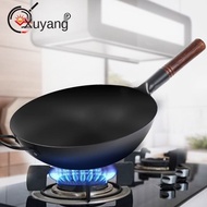 Pre-Seasoned Traditional Non-coated Carbon Steel Pow Wok with Wooden/Cast iron wok/Kuali Besi/Kuali Hitam/Thickened traditional handmade iron pan/same style old-fashioned wok/uncoated non-stick pan/applicable to gas stove/手工铁锅