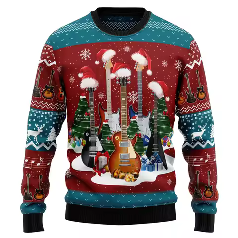 2026 New Guitar Graphic Ugly Christmas Sweater Fashion Casual Holiday Wear 3D Printed Sweatshirts Lo