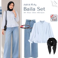 One Set 3 in 1 (Ruffle Blouse + Pants + Bella Square) Hijab Set TrendyWanita - GNK146