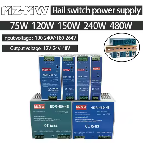 EDR NDR Rail Switching Power Supply 75W 120W 150W 240W 480W AC 110V/220V DC 12V 24V 48V LED Strip Ou