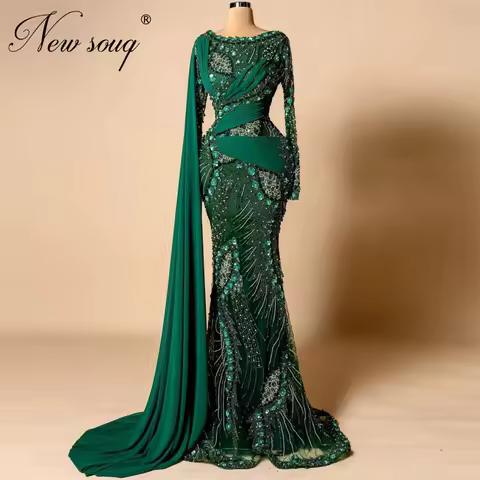 Muslim Green Long Sleeves Evening Dresses Luxury O Neck Beading Prom Cocktail Dress Customized Engag