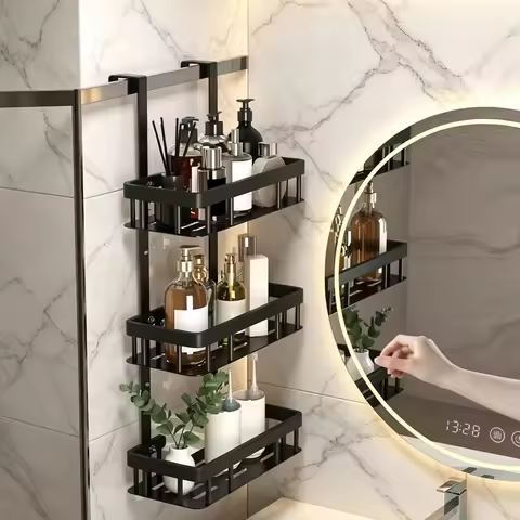 No Drill Shower Caddy Over Door, 1/2/3 Tier Hanging Bathroom Storage Shelf For Shampoo & Gel Over Do