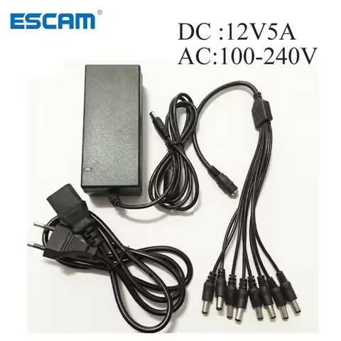Escam DC 12V 5A Power Supply Adapter + 8 Split Power Cable for CCTV Security Camera DVR Analog AHD T