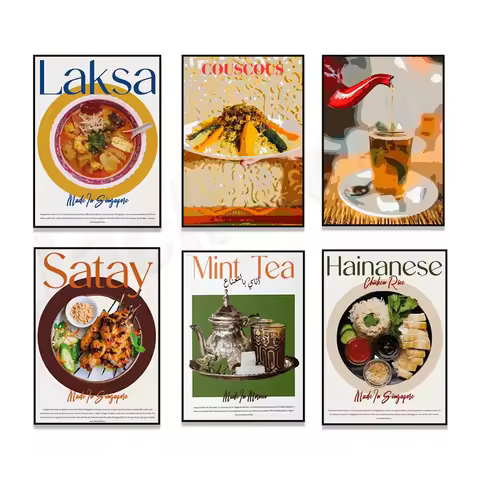 Singapore laksa, satay, Hainanese chicken rice, Moroccan mint tea, couscous, oriental art, modern ki