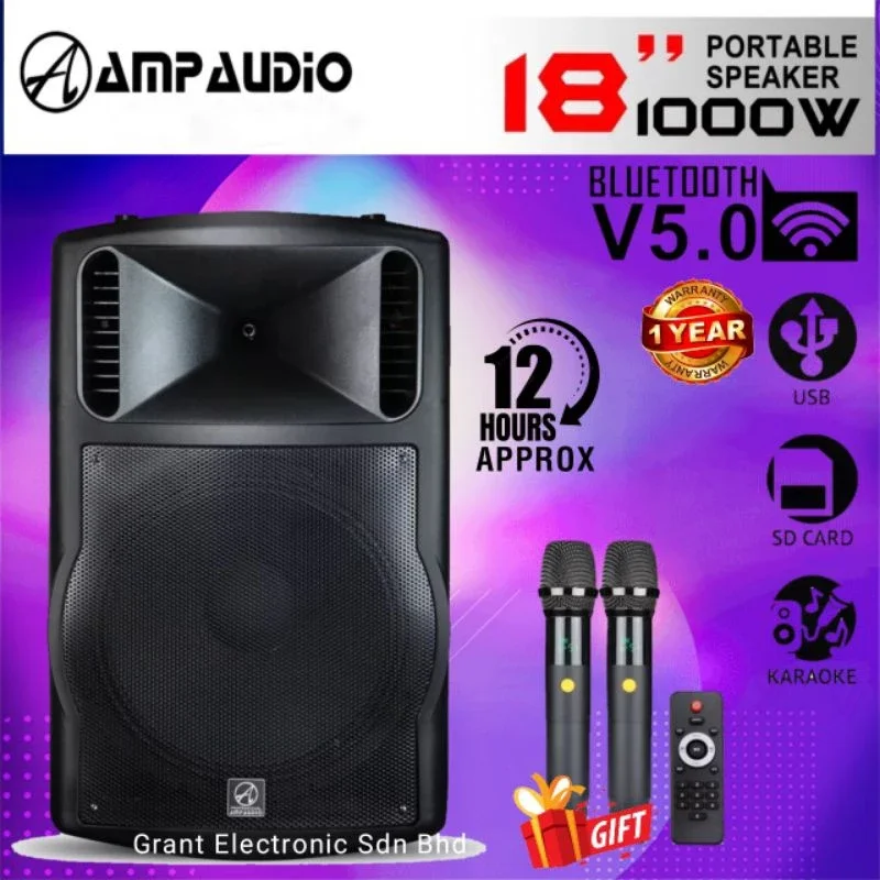 18 Inch Portable Ampaudio Bluetooth 1000W Portable Speaker with Karaoke System JW-188 18" Portable P