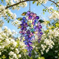 2D Flat Wisteria Glass Hanging Decor, Purple Flower Window Ornament, Hand-Painted Hanging Wisteria S