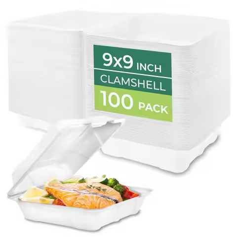 Clamshell Food Containers with Lids 9x9 100Pack Disposable To Go Containers, Biodegradable Sugarcane