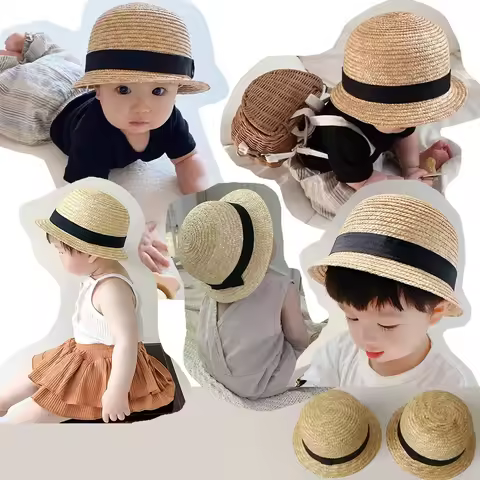48cm/52cm Baby Straw Hats Girls Boys Fashion Summer Dome Short Brim Kids Panama Bucket Hat Outdoor S
