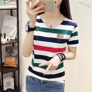 T-Shirt Legan Pendek Kolar V Perempuan Women Summer Loose All-match V-neck Stripes Short Sleeve T-sh