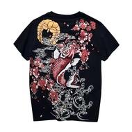 Lyprerazy Japanese Harajuku Ukiyoe Vintage Embroidered T-shirt Men Short-sleeved Chinese Style Carp