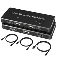 2 Port USB-C KVM Switch, 2*Type-C to DP 1.4 Converter Switcher with 3*USB2.0 for Laptop, Keyboard, M
