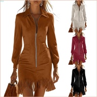 Fringe Bodycon Dress Women Slim Fit Waist Pocket Design Retro Cowgirl Party Outfit