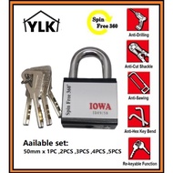 YLK IOWA 50mm Padlock (1/2/3/4/5Pcs) Heavy Duty Stainless Steel Pad Lock Door Anti Theft 锁头 Pintu Ku