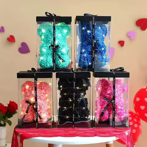 28cm Artificial Teddy Rose with LED Strip Multicolors Flower Bear Romantic Valentines Day Gift Girlf