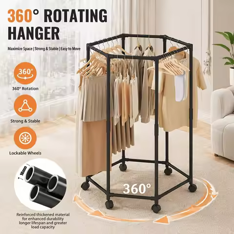 (68" H/ 47" H) Upgraded Hexagonal Garment RackThis Heavy-duty 360° Rotating Metal Clothes Rack Is Fi