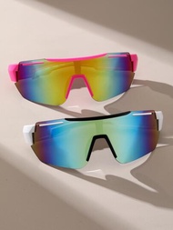 2對女性漸層鏡片環繞運動時尚眼鏡，彩色鏡片粉白色太陽眼鏡，騎行運動護目鏡，時尚Y2K眼鏡
