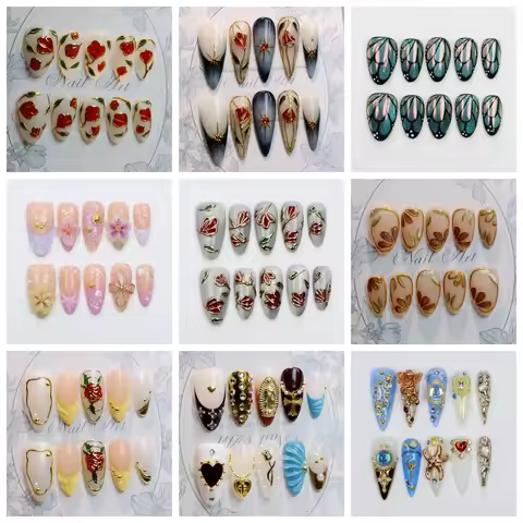 10Pcs 3D Beautiful Handmade Manicure Press On Nails, Acrylic Fake Handpainted Flowers Custom Design 