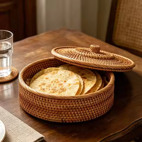 Rattan Tortilla Warmer Basket 10 Handmade Taco Shell Storage Lid Breathable Bread Container for Buff