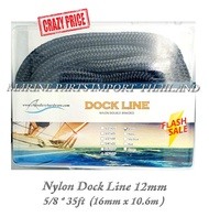 Dock Line boat double braided nylon in black color 12mm-16mm with Spliced Eye 30cm