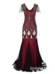 [Polls] 2023ผู้หญิง1920S ชุด Great Gatsby 20S เดรสยาวคอ V วินเทจชุดเดรสปาร์ตี้เสื้อแม็กซี่แขนสั้นสำห