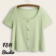 Ready Stock L-4XL Women Big Size Round Neck Short Sleeve Knitwear Front Button Slim Fit Plus Size Bl