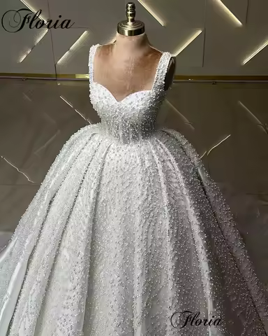 Luxury Pearls Wedding Dresses A-Line Sweetheart Spaghetti Wedding Gowns 2025 Chapel Bridal Gowns Ves