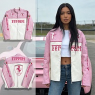 F1 Ferrari Racing Leather Jacket Pink Embroidery Windbreaker Jaket Women Vintage Varsity Jacket